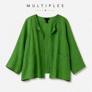 Multiples Linen Jacket 2X Green Studded Open Front Cropped Plus Size Layer